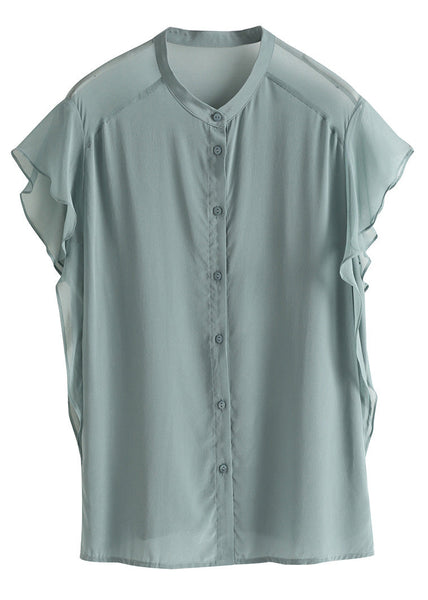 Brief Haze Blue Stand Collar Button Solid Silk Shirt Short Sleeve LY1021
