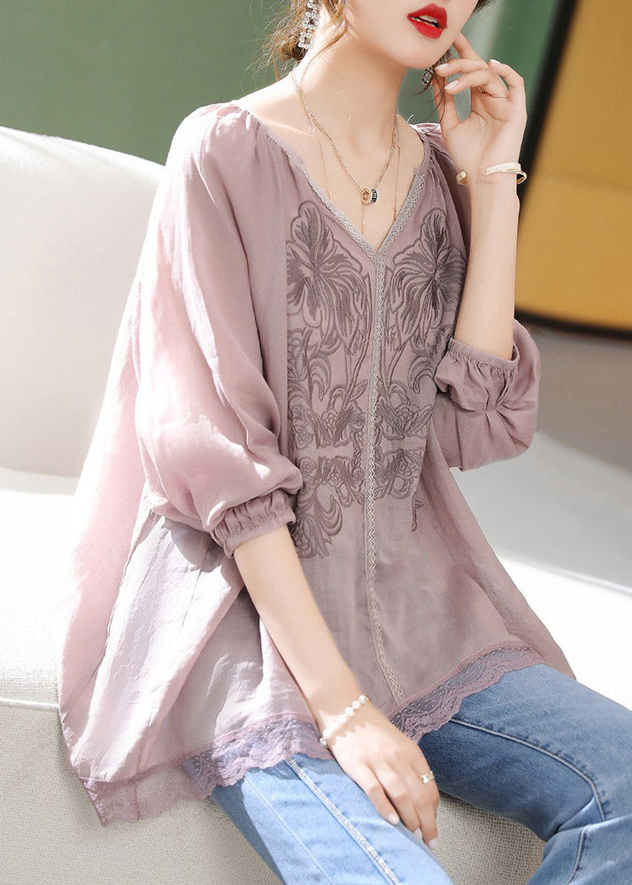 Brief Light Purple V Neck Embroideried Lace Patchwork Linen Top Short Sleeve LY1485