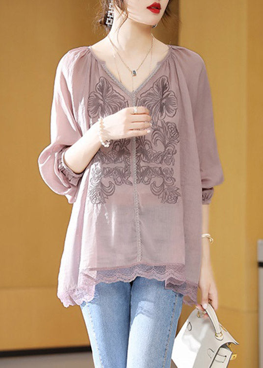 Brief Light Purple V Neck Embroideried Lace Patchwork Linen Top Short Sleeve LY1485