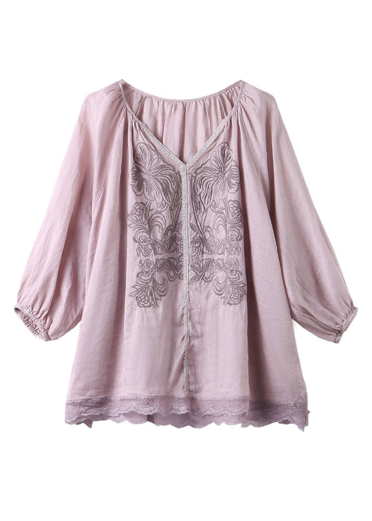 Brief Light Purple V Neck Embroideried Lace Patchwork Linen Top Short Sleeve LY1485