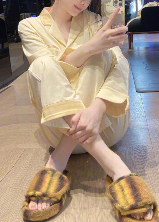 Brief Light Yellow Peter Pan Collar Patchwork Button Solid Ice Silk Pajamas Two Pieces Set Long Sleeve LY1878