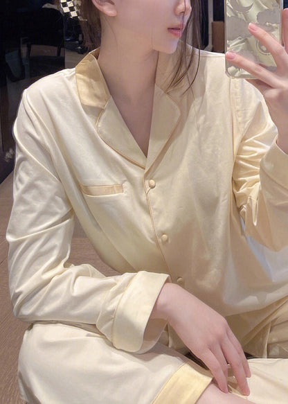 Brief Light Yellow Peter Pan Collar Patchwork Button Solid Ice Silk Pajamas Two Pieces Set Long Sleeve LY1878