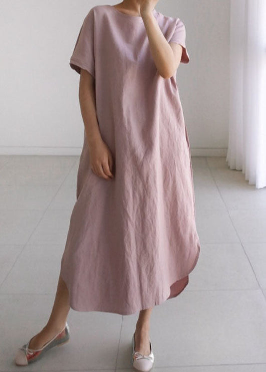 Brief Pink O Neck Patchwork Loose Cotton Long Dress Summer LY1336