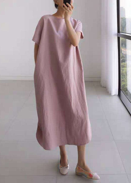 Brief Pink O Neck Patchwork Loose Cotton Long Dress Summer LY1336