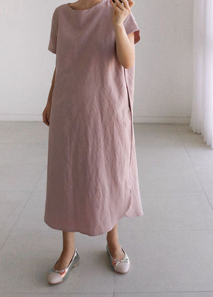 Brief Pink O Neck Patchwork Loose Cotton Long Dress Summer LY1336