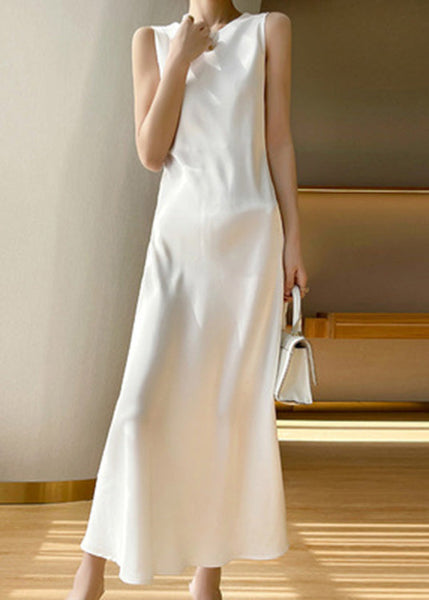 Brief Pink O-Neck Solid Silk Vacation Maxi Dresses Sleeveless LY1734