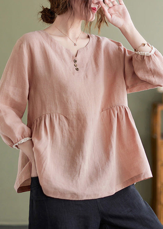 Brief Pink O-Neck Wrinkled Button Top Long Sleeve AC2015