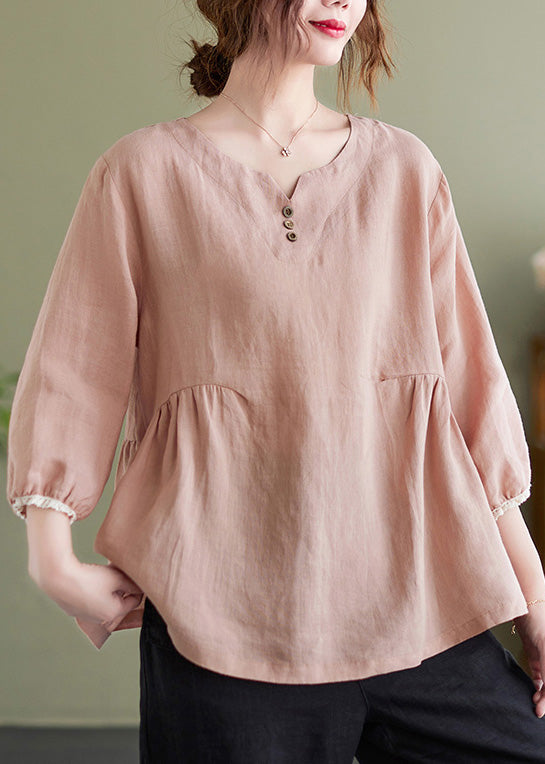 Brief Pink O-Neck Wrinkled Button Top Long Sleeve AC2015