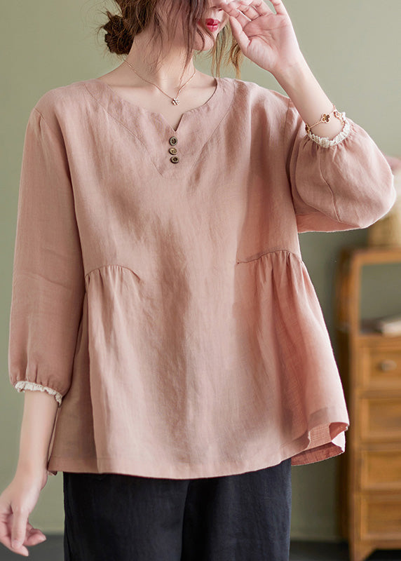 Brief Pink O-Neck Wrinkled Button Top Long Sleeve AC2015