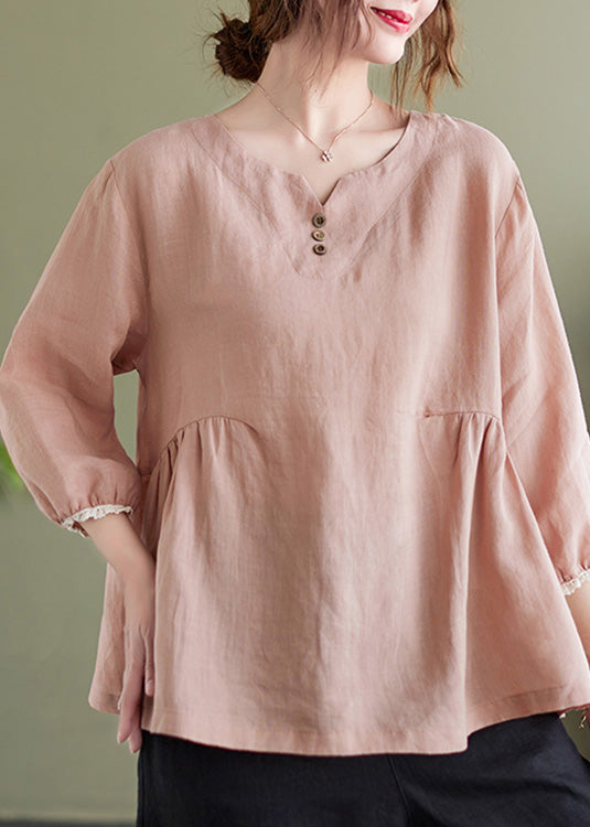 Brief Pink O-Neck Wrinkled Button Top Long Sleeve AC2015