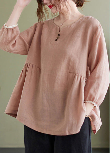 Brief Pink O-Neck Wrinkled Button Top Long Sleeve AC2015