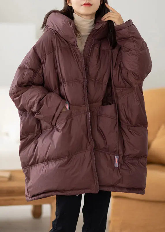 Brief Purplish Red Drawstring Zippered Duck Down Hooded Down Coat Winter Ada Fashion