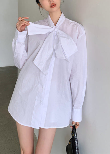 Brief White Stand Collar Bow Button Solid Shirt Spring LY0796