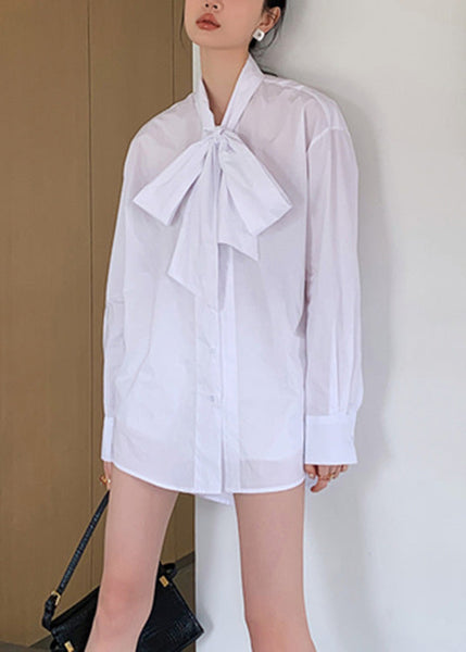 Brief White Stand Collar Bow Button Solid Shirt Spring LY0796