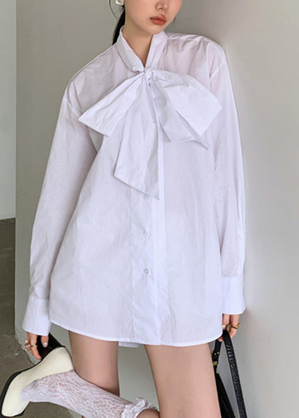 Brief White Stand Collar Bow Button Solid Shirt Spring LY0796