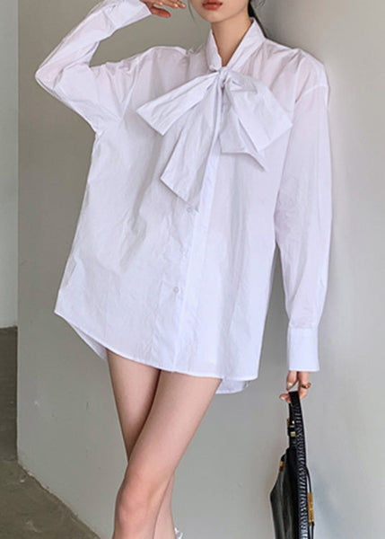 Brief White Stand Collar Bow Button Solid Shirt Spring LY0796