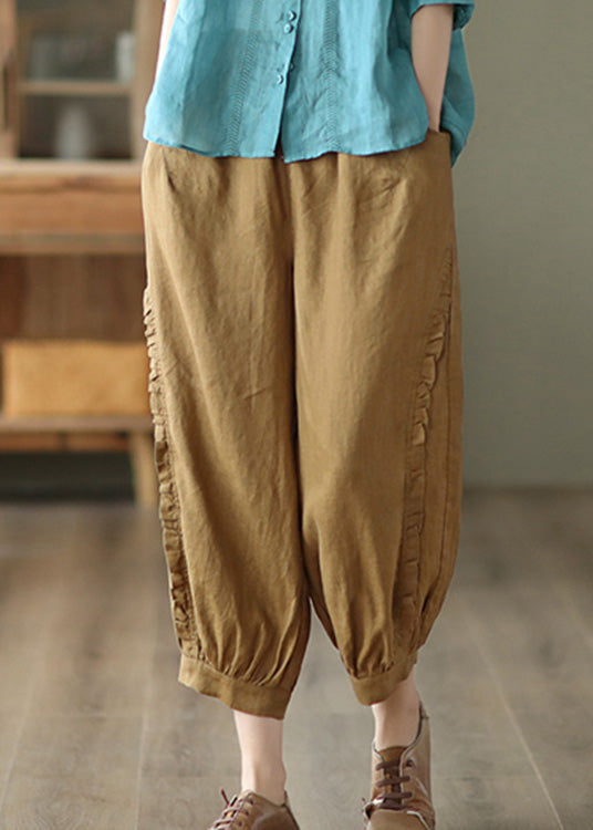 Brown Ruffled Elastic Waist Cozy Crop Pants TQ1051