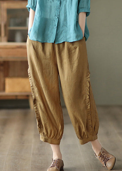 Brown Ruffled Elastic Waist Cozy Crop Pants TQ1051