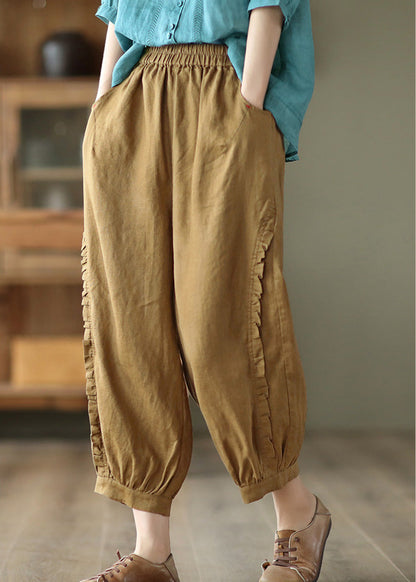 Brown Ruffled Elastic Waist Cozy Crop Pants TQ1051