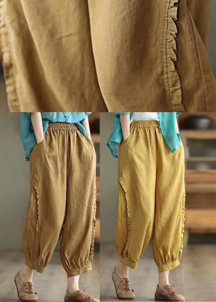 Brown Ruffled Elastic Waist Cozy Crop Pants TQ1051
