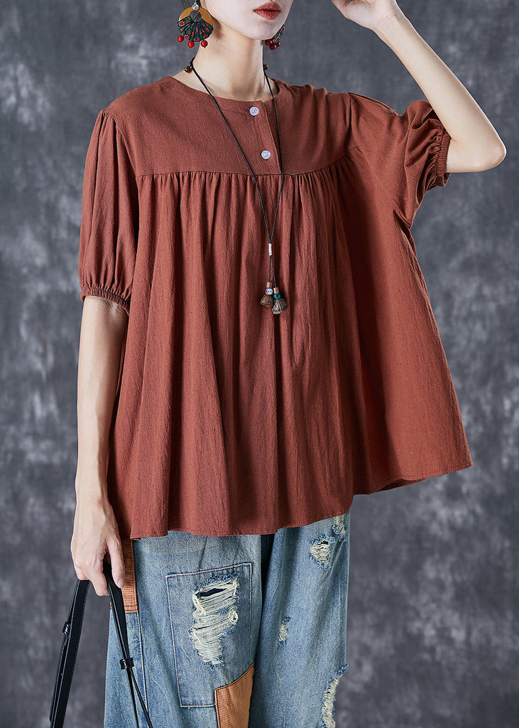 Caramel Patchwork Linen Top Oversized Wrinkled Summer TD1007