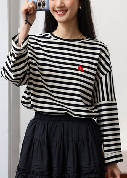 Casual Beige Black Striped O-Neck Cozy Cotton T Shirts Spring TI1020