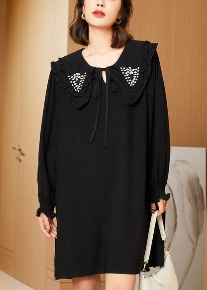 Casual Black Double-Layer Collar Lace Up Cotton Mid Dress Spring LY0249