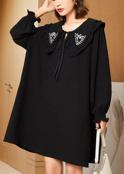 Casual Black Double-Layer Collar Lace Up Cotton Mid Dress Spring LY0249