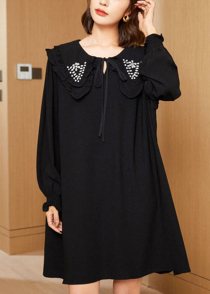 Casual Black Double-Layer Collar Lace Up Cotton Mid Dress Spring LY0249