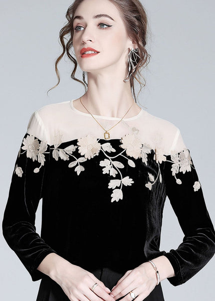 Casual Black Embroideried Patchwork Silk Velour T Shirt Spring LY0095
