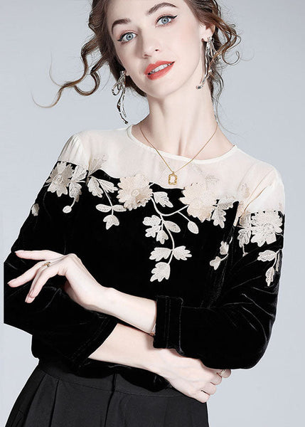 Casual Black Embroideried Patchwork Silk Velour T Shirt Spring LY0095