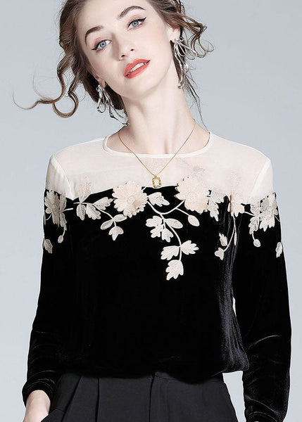 Casual Black Embroideried Patchwork Silk Velour T Shirt Spring LY0095