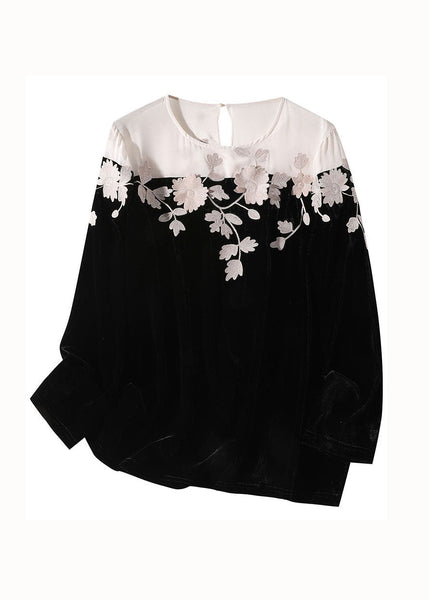 Casual Black Embroideried Patchwork Silk Velour T Shirt Spring LY0095