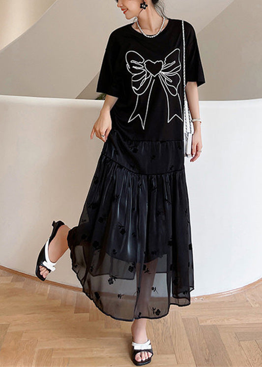 Casual Black O-Neck Bow Tulle Patchwork Cotton Maxi Dresses Summer LY1707