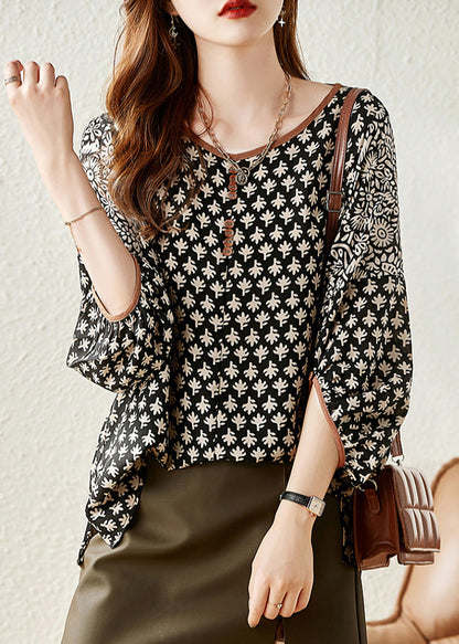 Casual Black O-Neck Print Chiffon Shirt Half Sleeve LY0360