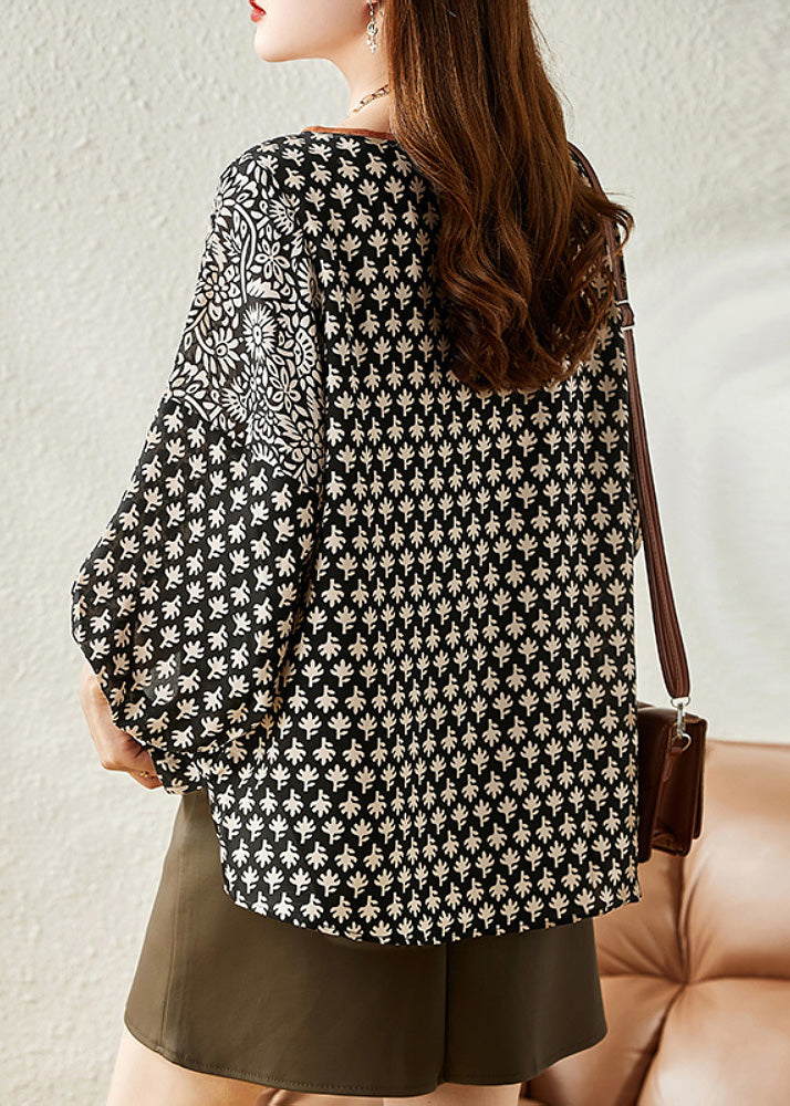 Casual Black O-Neck Print Chiffon Shirt Half Sleeve LY0360