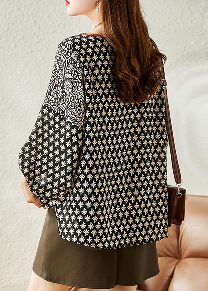 Casual Black O-Neck Print Chiffon Shirt Half Sleeve LY0360