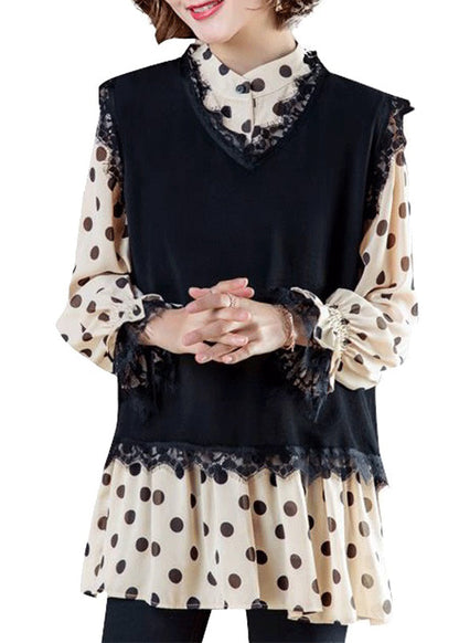 Casual Black O-Neck Waistcoat And Shirts Two Piece Set Fall HA1025