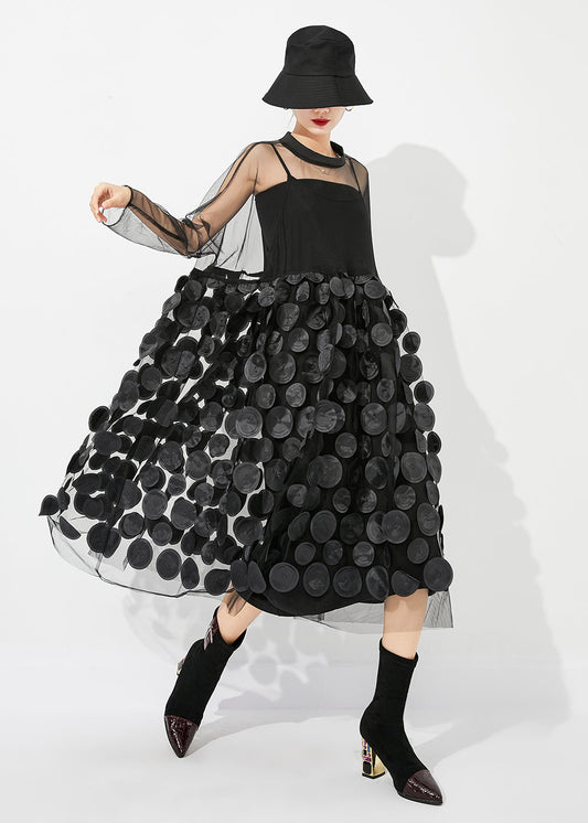 Casual Black Oversized Patchwork Hollow Out Tulle Long Dress Summer LY0883
