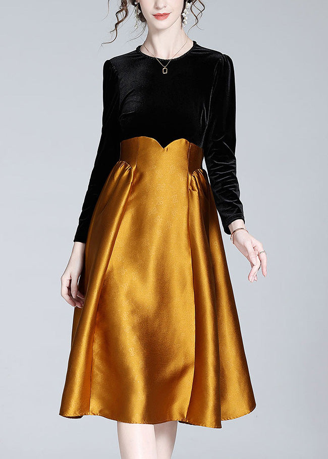 Casual Black Patchwork Orange Velour Long Dress Spring LY1050