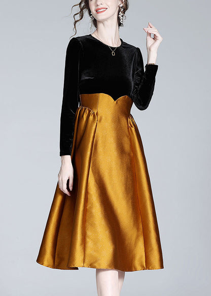 Casual Black Patchwork Orange Velour Long Dress Spring LY1050