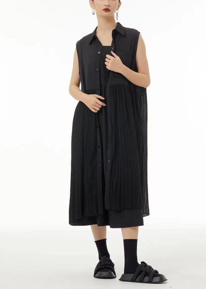 Casual Black Peter Pan Collar Patchwork Chiffon Pleated Dress Sleeveless LC0123