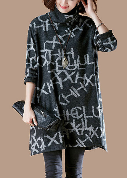 Pull en polaire épaisse et chaude à col roulé noir décontracté avec imprimé alphabet, en coton épais, idéal pour l'automne (HA1006)