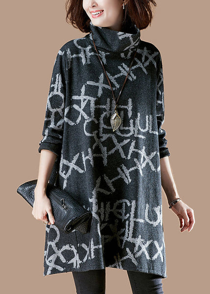 Pull en polaire épaisse et chaude à col roulé noir décontracté avec imprimé alphabet, en coton épais, idéal pour l'automne (HA1006)