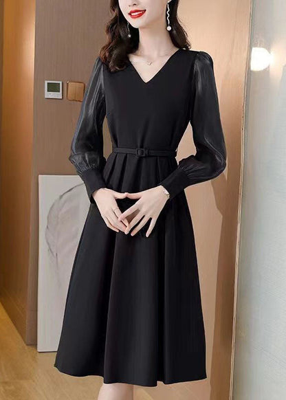 Casual Black V Neck Patchwork Spandex Dress Spring LC0070