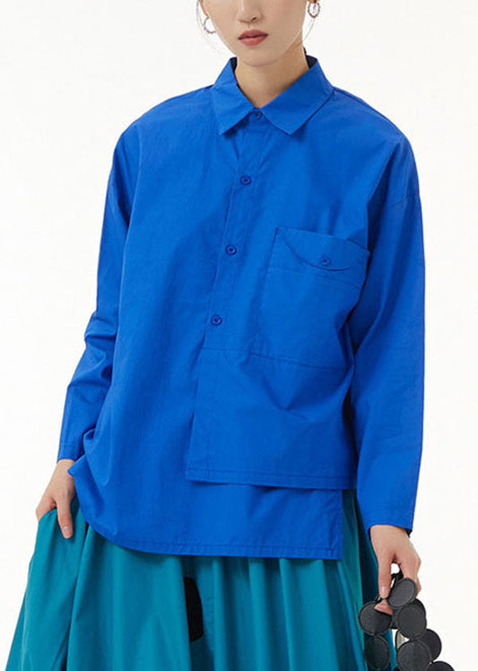 Casual Blue Asymmetrical Design Patchwork Cotton Shirts Top Long Sleeve LY1154