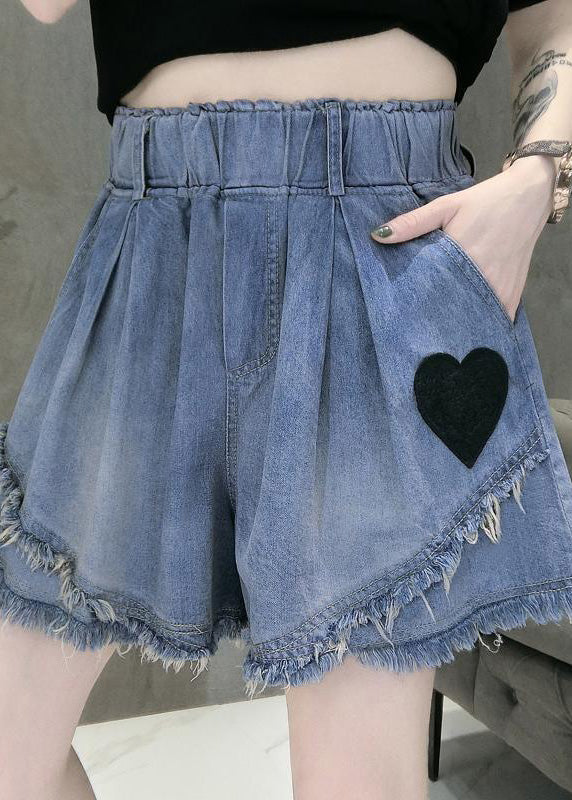 Casual Blue Elastic Waist Love Patchwork Shorts Jeans Summer TY1053