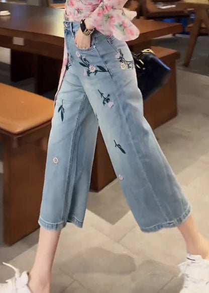 Casual Blue Embroideried Floral High Waist Crop Jeans TY1028