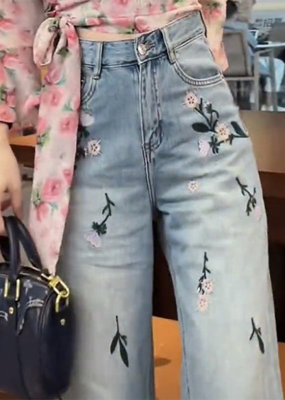 Casual Blue Embroideried Floral High Waist Crop Jeans TY1028