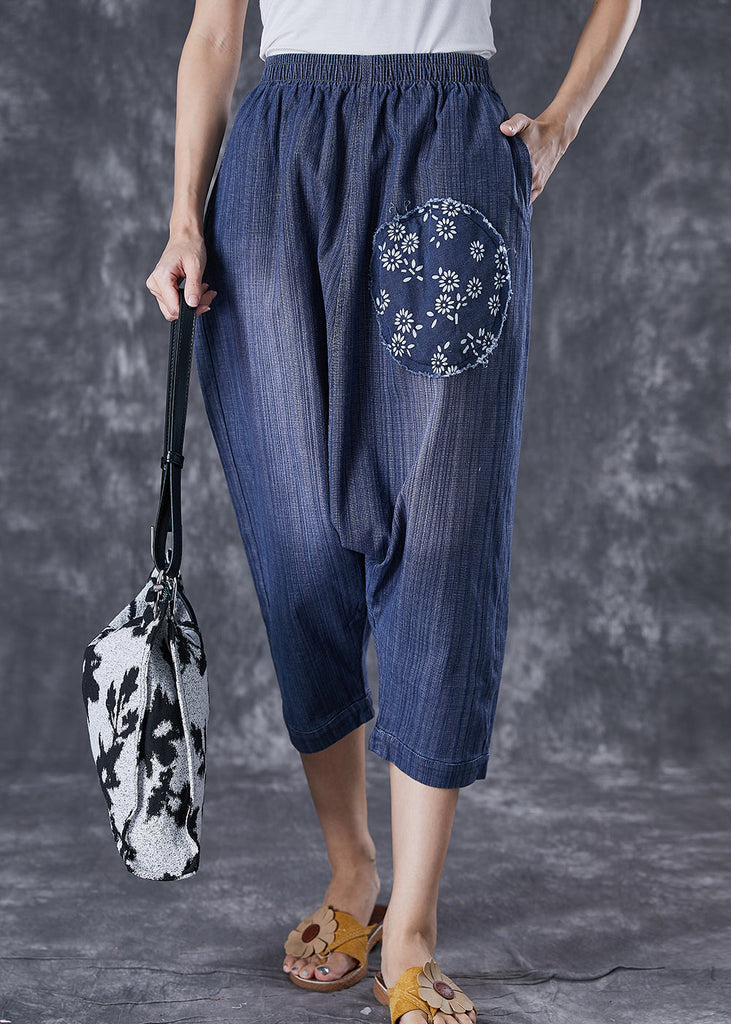 Casual Blue Oversized Patchwork Applique Denim Harem Pants Summer TD1055